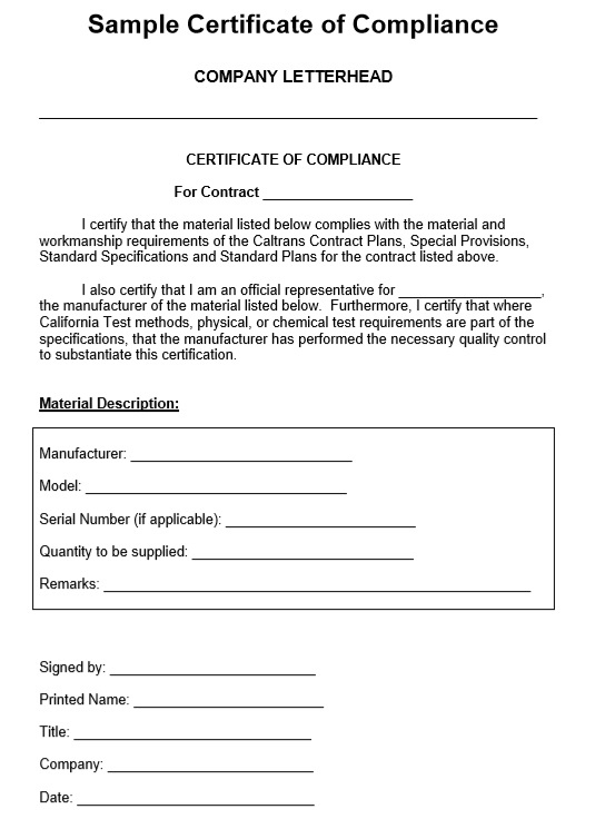 8 Free Sample Professional Compliance Certificate Templates pertaining to Best Certificate Of Manufacture Template
