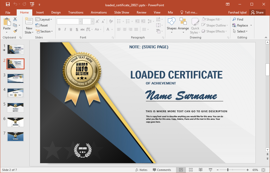 Animated Certificate Design Powerpoint Template within Award Certificate Template Powerpoint