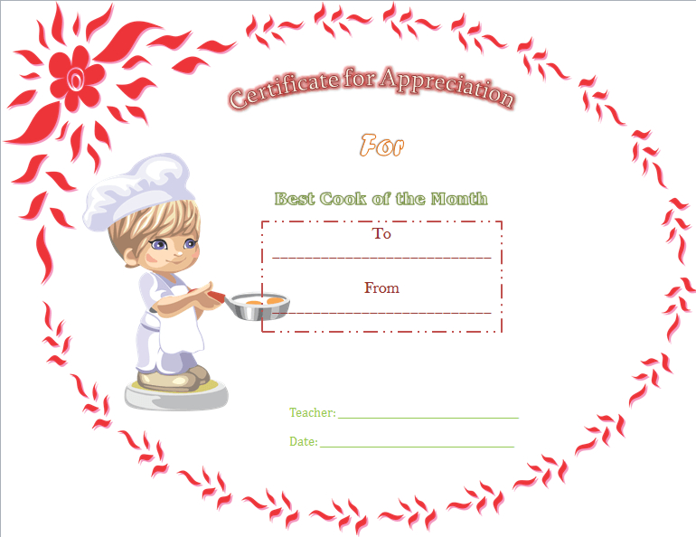 Appreciation Certificate Template (Best Cooking, Printable for Best Cooking Competition Certificate Templates