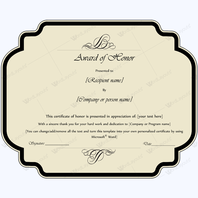 Award Of Honor (Editable Template) - Word Layouts | Award regarding Honor Award Certificate Templates