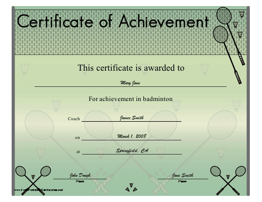 Badminton Achievement Printable Certificate | Badminton for Badminton Achievement Certificates