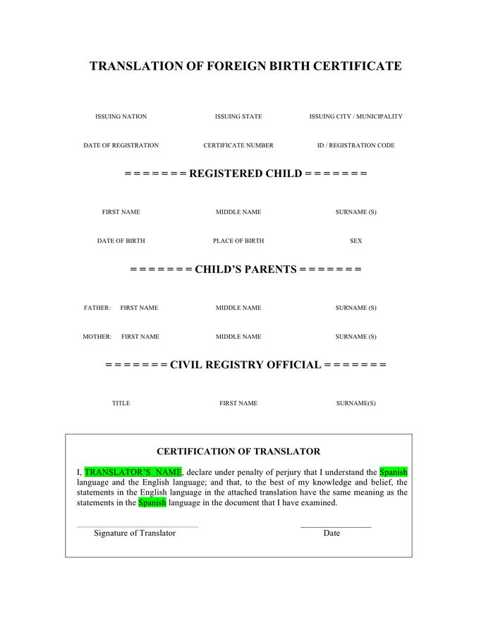 Birth Certificate Translation Template In Word And Pdf Formats with regard to Birth Certificate Translation Template