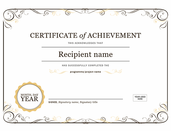Certificate Of Achievement inside Unique Word Template Certificate Of Achievement