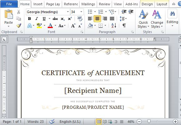 Certificate Of Achievement Template For Word 2013 for New Certificate Of Excellence Template Word