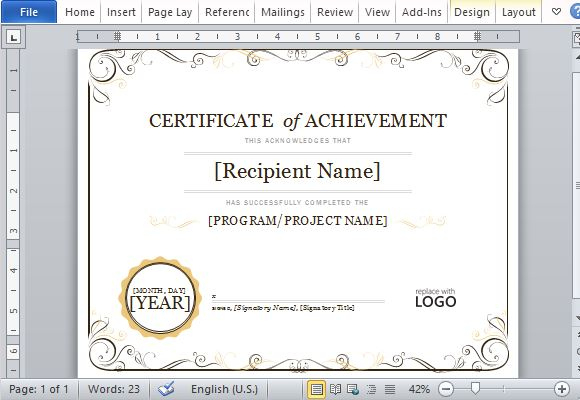 Certificate Of Achievement Template For Word 2013 intended for Quality Certificate Of Achievement Template Word