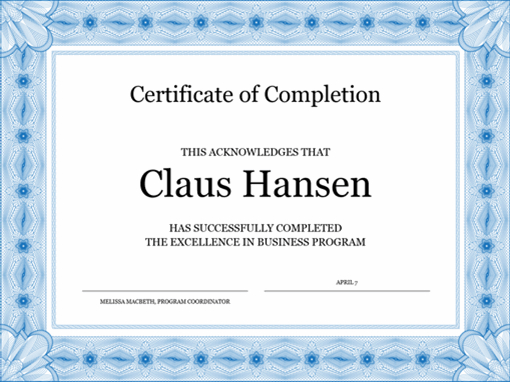 Certificate Of Completion (Blue) for Class Completion Certificate Template