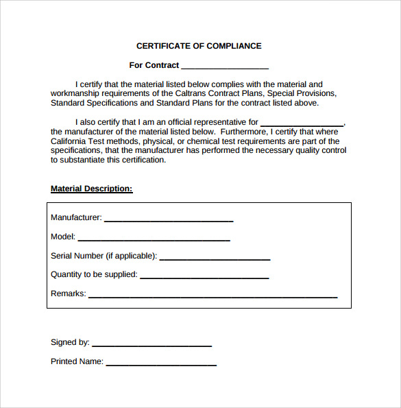 Certificate Of Compliance Template (4) - Templates Example with Certificate Of Compliance Template 10 Docs Free