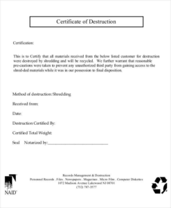 Certificate Of Destruction Template (9) | Professional intended for Fresh Certificate Of Disposal Template