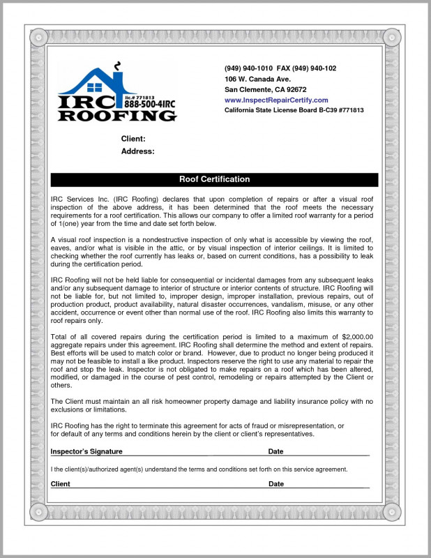 Certificate Of Inspection Template Awesome Roof Inspection regarding Certificate Of Inspection Template