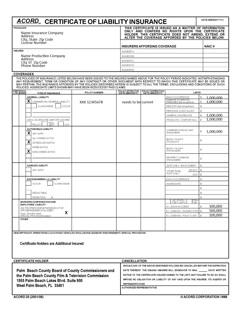 Certificate Of Liability Insurance Template (4) - Templates pertaining to Acord Insurance Certificate Template