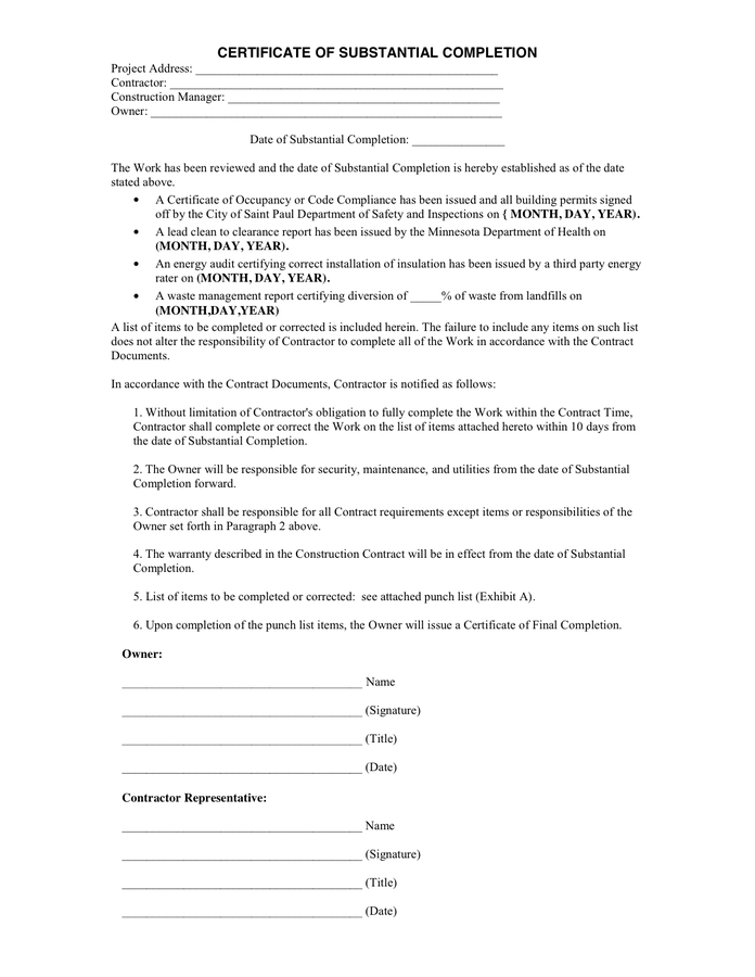 Certificate Of Substantial Completion In Word And Pdf Formats pertaining to Certificate Of Substantial Completion Template