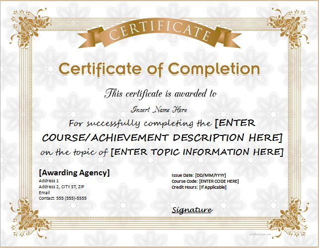 Certificates Of Completion Templates For Ms Word with Certificate Of Completion Word Template