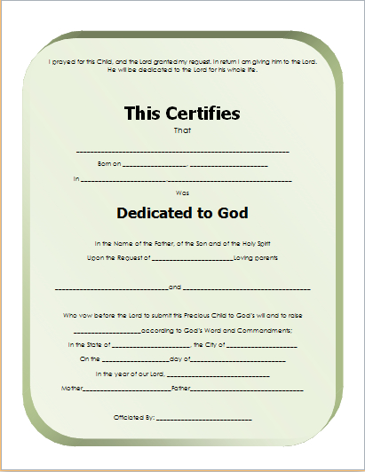 Child Dedication Certificate Template For Word | Document Hub with Baby Dedication Certificate Templates