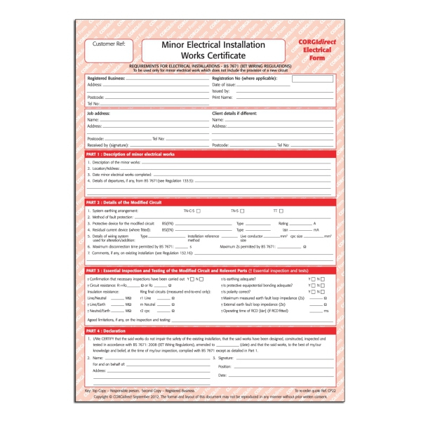 Corgidirect Minor Electrical Works Certificate - Cp22 intended for Electrical Minor Works Certificate Template