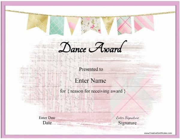 Dance Certificate Template With A Pink Banenr And A Pink with regard to Dance Award Certificate Templates