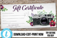 Editable Custom Printable Photography Gift Certificate in Quality Printable Photography Gift Certificate Template