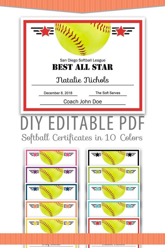Editable Pdf Sports Team Softball Certificate Award Template In 10 Colors  Letter Size Instant Download for Best Softball Certificate Templates