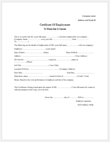 Employment Certificate Templates - Microsoft Word Templates within Quality Sample Certificate Employment Template