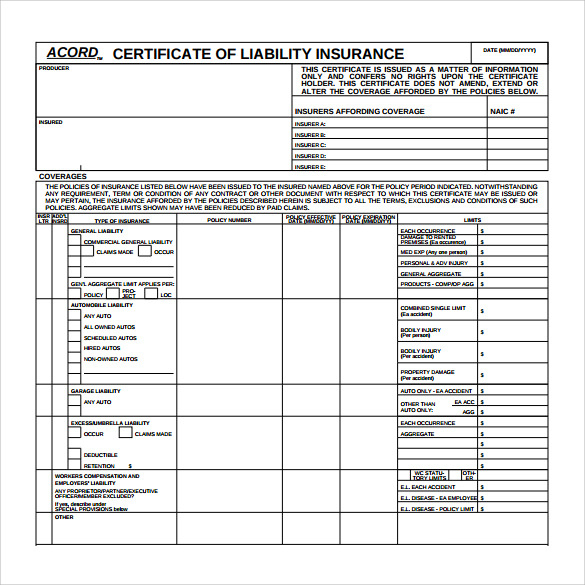 Free 15+ Certificate Of Insurance Templates In Pdf | Ms Word for Quality Acord Insurance Certificate Template