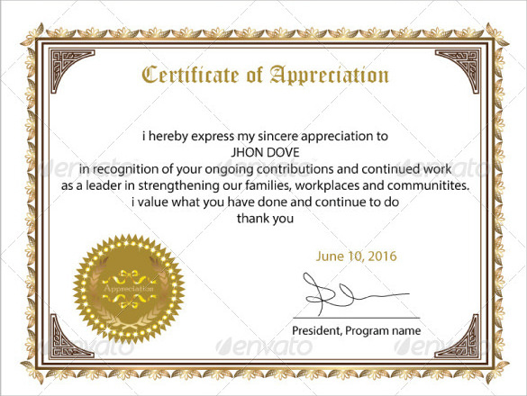Free 34+ Sample Certificate Of Appreciation Templates In Pdf throughout Employee Recognition Certificates Templates Free
