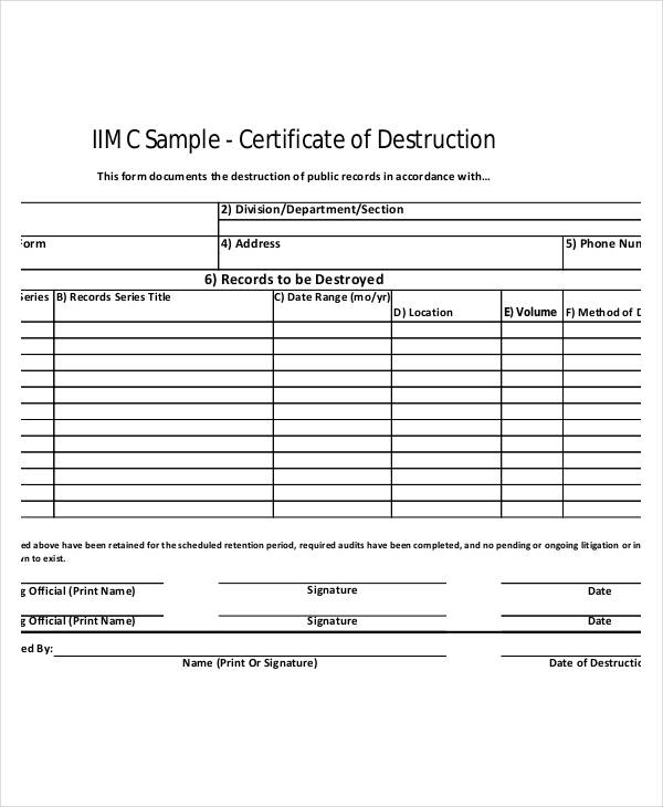 Free Certificate Of Destruction Template (7) - Templates throughout Free Certificate Of Destruction Template