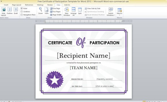 Free Certificate Of Participation Template For Word 2013 for New Certificate Of Participation Template Word