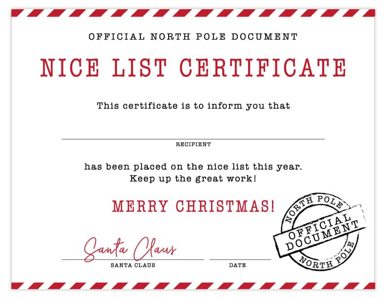 Free Printable Nice List Certificate | Signedsanta in Santas Nice List Certificate Template Free