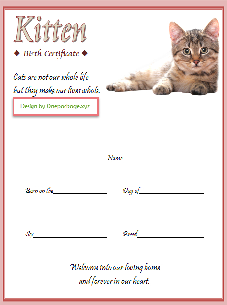 Kitten Birth Certificate Template For 2020 (Version 2) In pertaining to Quality Cat Birth Certificate Free Printable