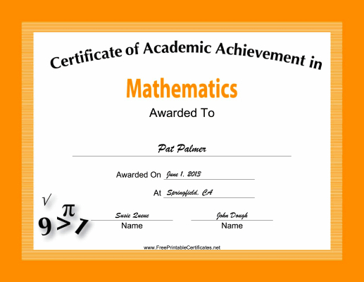 Mathematics Academic Certificate Printable Certificate inside Math Achievement Certificate Printable
