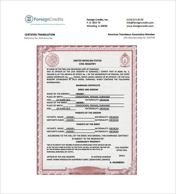 Mexican Marriage Certificate Translation Template (1 pertaining to Mexican Marriage Certificate Translation Template