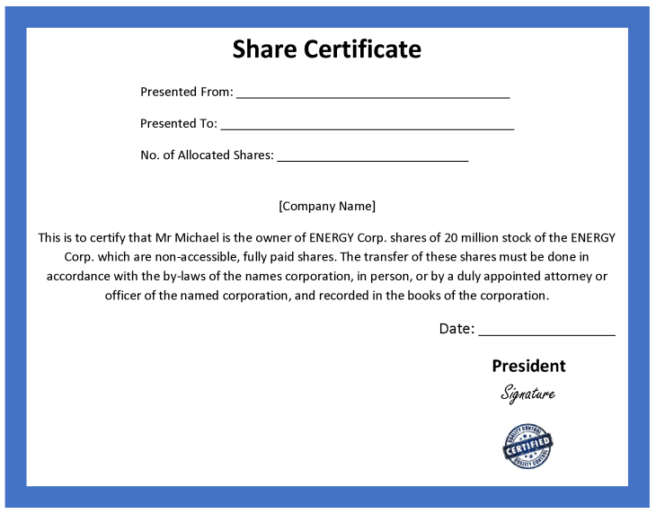 Ordinary Share Certificate Template throughout Corporate Share Certificate Template