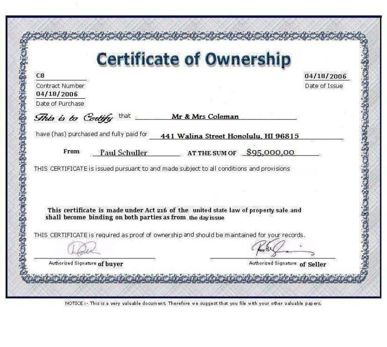 Ownership Certificate Template (6) - Templates Example intended for Fresh Ownership Certificate Templates