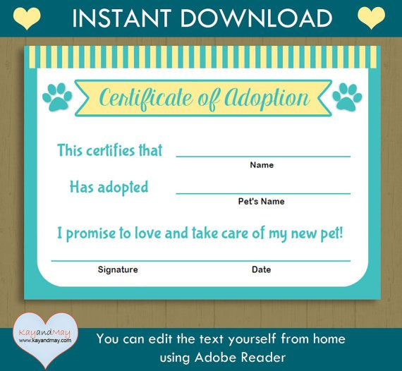Pet Adoption Certificate / Instant Download Printable Pet intended for Dog Adoption Certificate Free Printable 7 Ideas