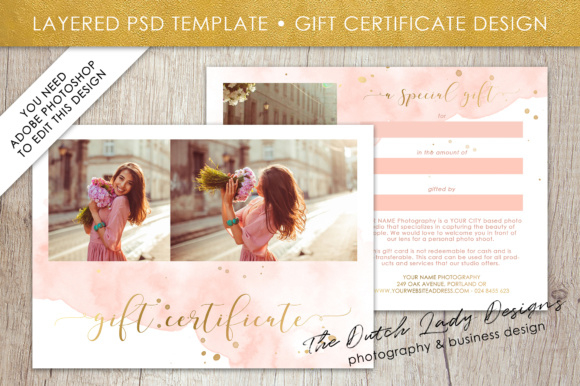 Photography Gift Certificate Template - Photo Gift Card - Watercolor Style  - Layered .Psd Files - Design #43 with regard to Gift Certificate Template Photoshop