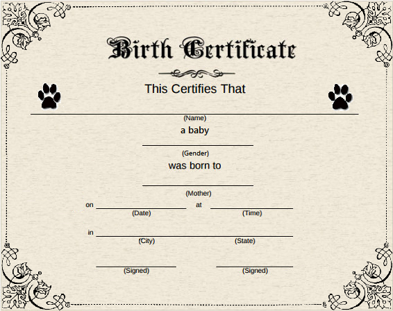 Pin On Free Printable Certificate Templates intended for Unique Kitten Birth Certificate Template