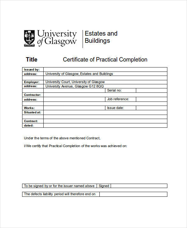 Practical Completion Certificate Template Uk (1) - Templates inside Construction Certificate Template 10 Docs Free