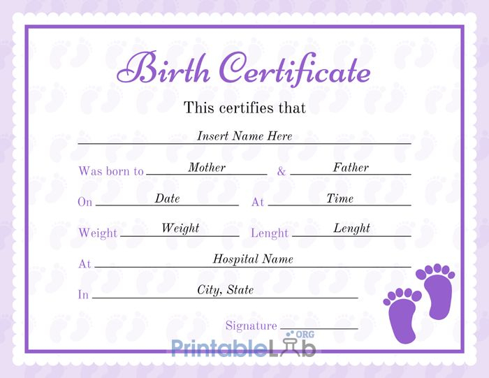 Printable Birth Certificate Design In Pink Lace, Periwinkle inside Pet Birth Certificate Templates Fillable