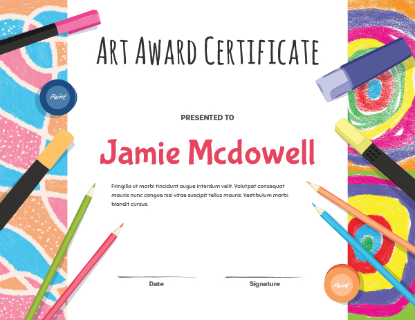 Printable Elementary Art Award Certificate Template regarding Quality Art Award Certificate Template