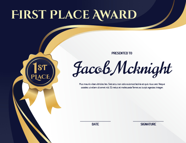 Printable First Place Ribbon Award Certificate Template for First Place Award Certificate Template