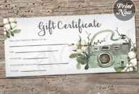 Printable Photography Gift Certificate Template, Spring Photo Session  Voucher, Summer, Fall Rustic Card, Instant Download, Photographer for Printable Photography Gift Certificate Template