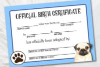 Printable Pug Adoption Certificate – Certificate Of Adoption Printout –  Official Pet Adoption Certificate – Digital Dog Breeders Certificate for Unique Pet Birth Certificate Template 24 Choices
