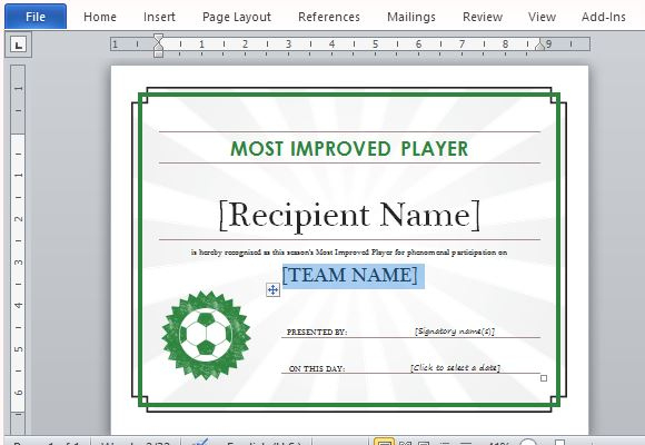 Printable Sports Certificate Template For Word pertaining to Soccer Certificate Templates For Word