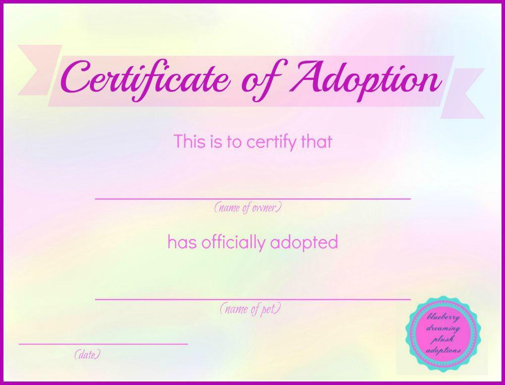 Printable Stuffed Animal Adoption Certificates | Adoption for Unique Stuffed Animal Birth Certificate Templates