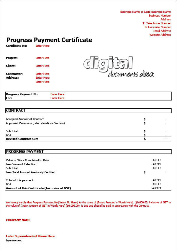Progress Payment Certificate Template in Construction Payment Certificate Template
