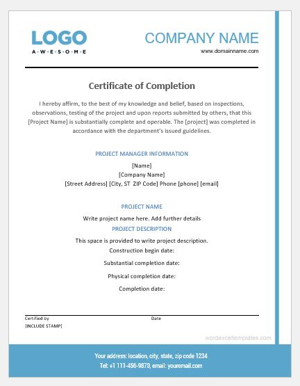 Project Completion Certificate Templates | Word &amp;amp; Excel intended for Best Certificate Of Construction Completion Template