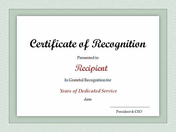 Recognition Of Service Certificate Template (1) - Templates intended for Recognition Of Service Certificate Template