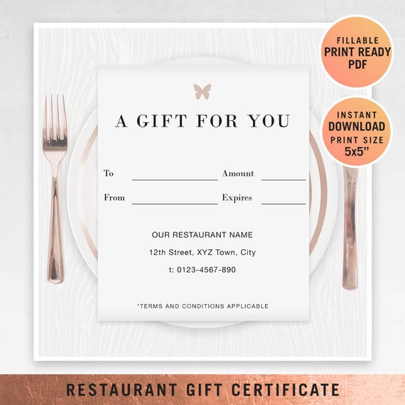 Restaurant Fillable Gift Certificate Template, A Gift For You, Gift  Voucher, Gift Certificate Printable, Pdf, Dining Voucher Template within Restaurant Gift Certificate Template