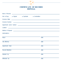 Sample Certificate Of Records Disposal | Mtas throughout Fresh Certificate Of Disposal Template