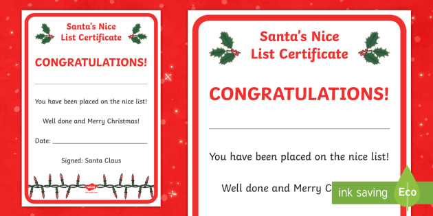 Santa&amp;#039;S Nice List Certificate (Teacher Made) for Santas Nice List Certificate Template Free