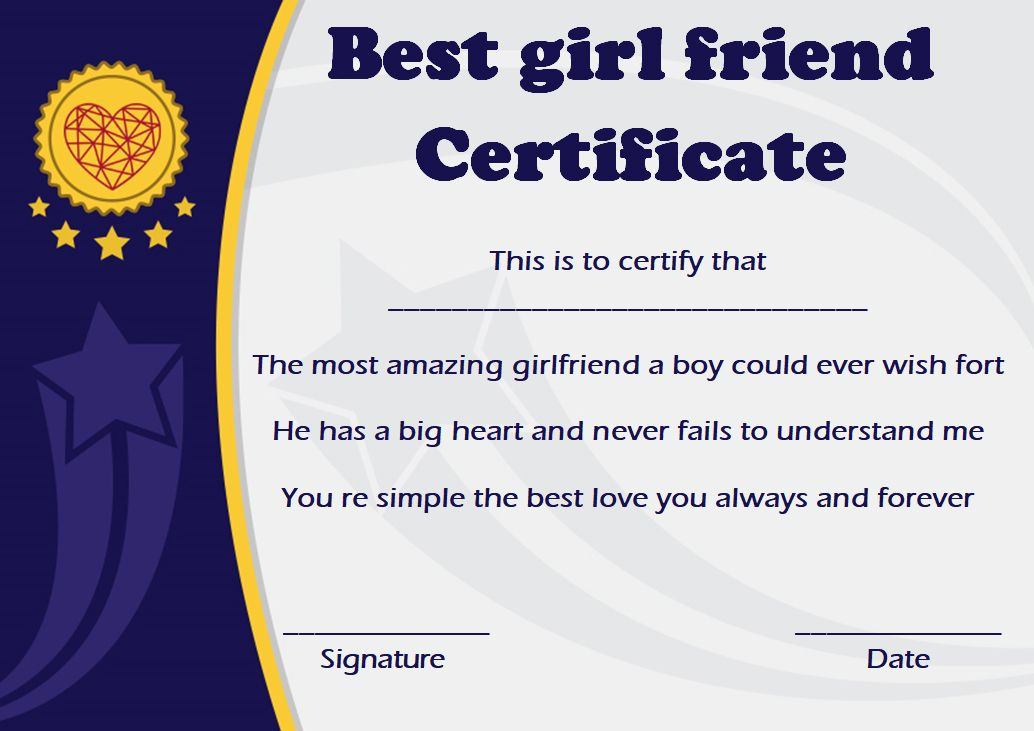 Surprise Your Girlfriend Using These 16+ Best Girlfriend pertaining to Quality Best Girlfriend Certificate Template